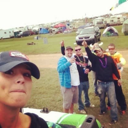 Peace signs and grins at the campground with the guys.